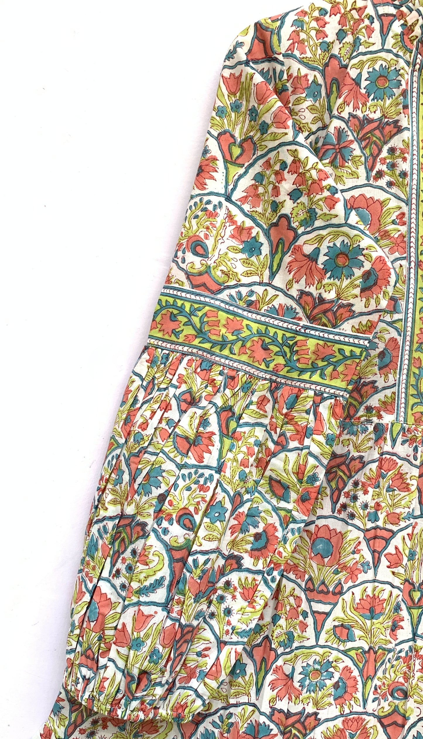 Multicolor Floral Hand Block Printed Cotton Mini Dress – Boho Puff Sleeve Indian Dress