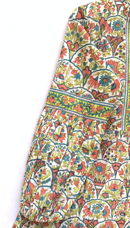 Multicolor Floral Hand Block Printed Cotton Mini Dress – Boho Puff Sleeve Indian Dress