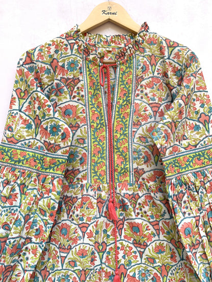 Multicolor Floral Hand Block Printed Cotton Mini Dress – Boho Puff Sleeve Indian Dress