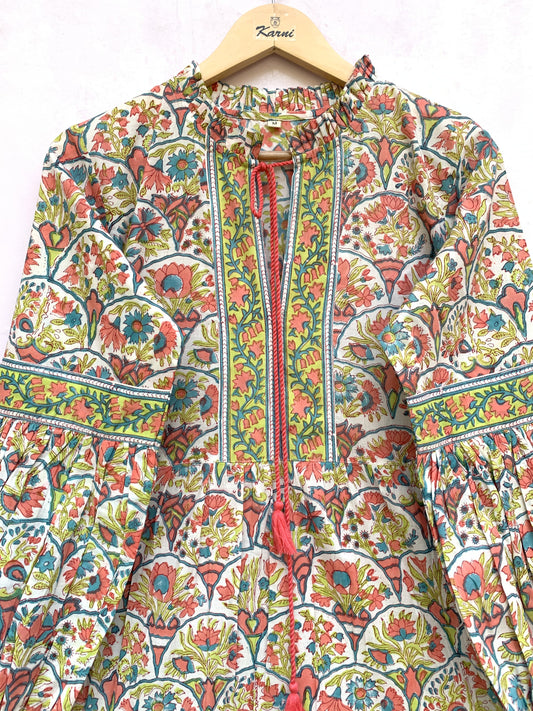 Multicolor Floral Hand Block Printed Cotton Mini Dress – Boho Puff Sleeve Indian Dress
