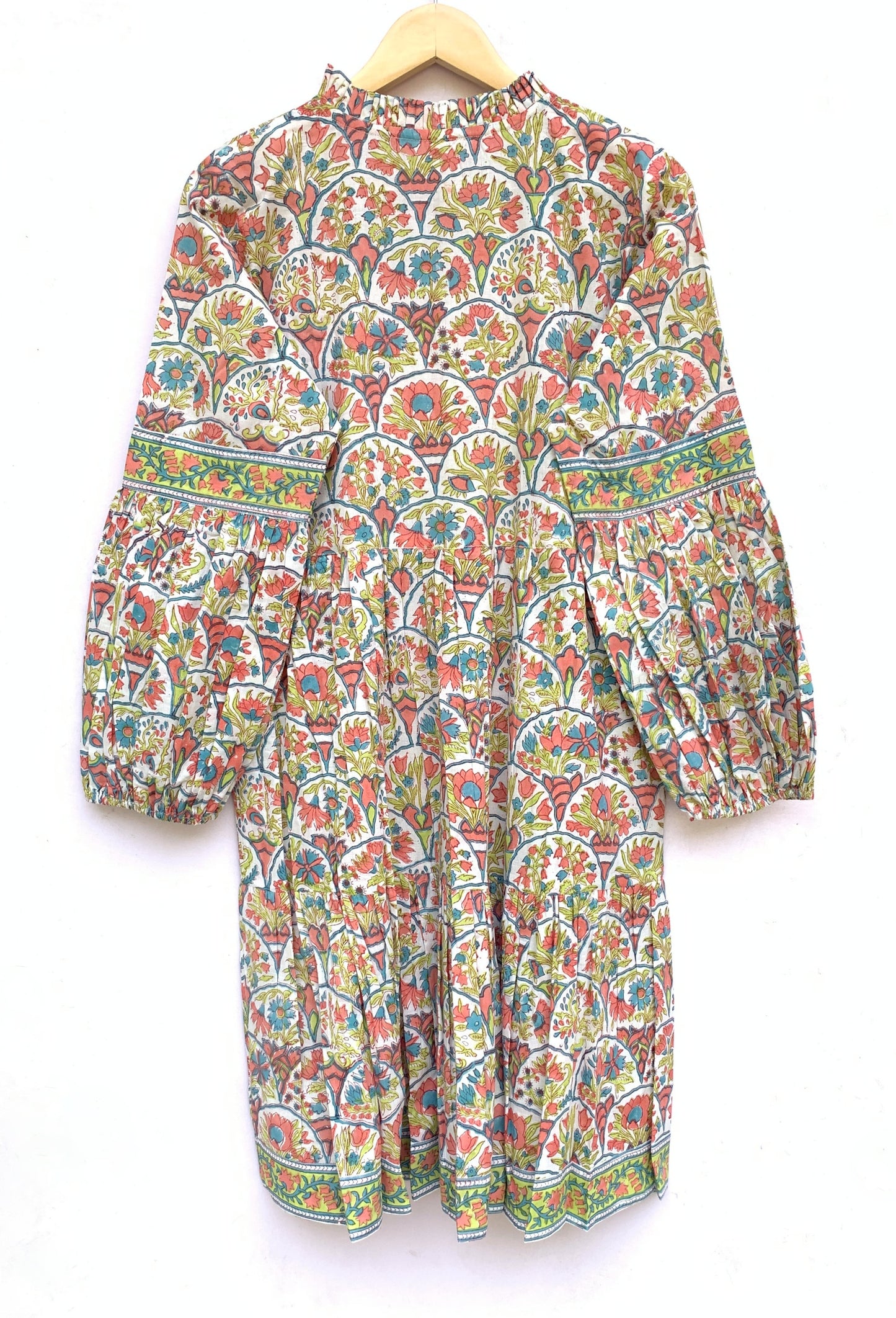 Multicolor Floral Hand Block Printed Cotton Mini Dress – Boho Puff Sleeve Indian Dress