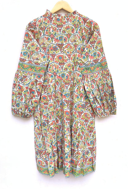 Multicolor Floral Hand Block Printed Cotton Mini Dress – Boho Puff Sleeve Indian Dress