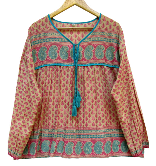 indian screen print blouse with blue paisley motifs and long sleeves