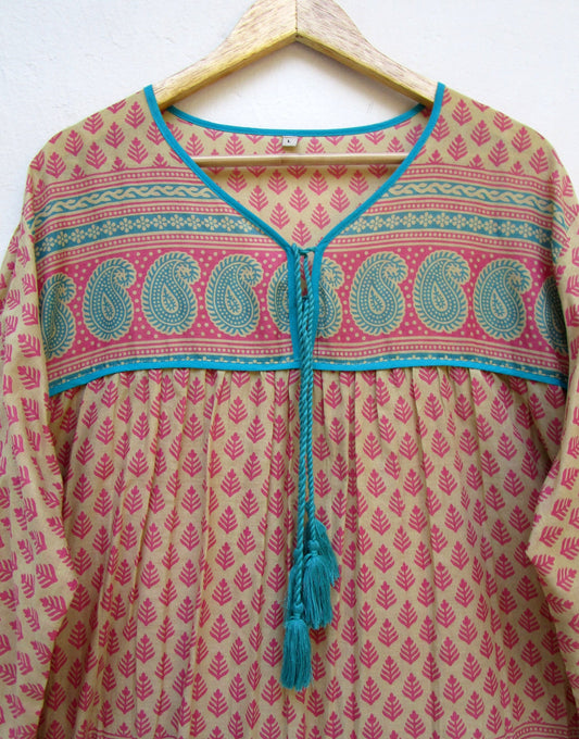 indian screen print blouse with blue paisley motifs and long sleeves