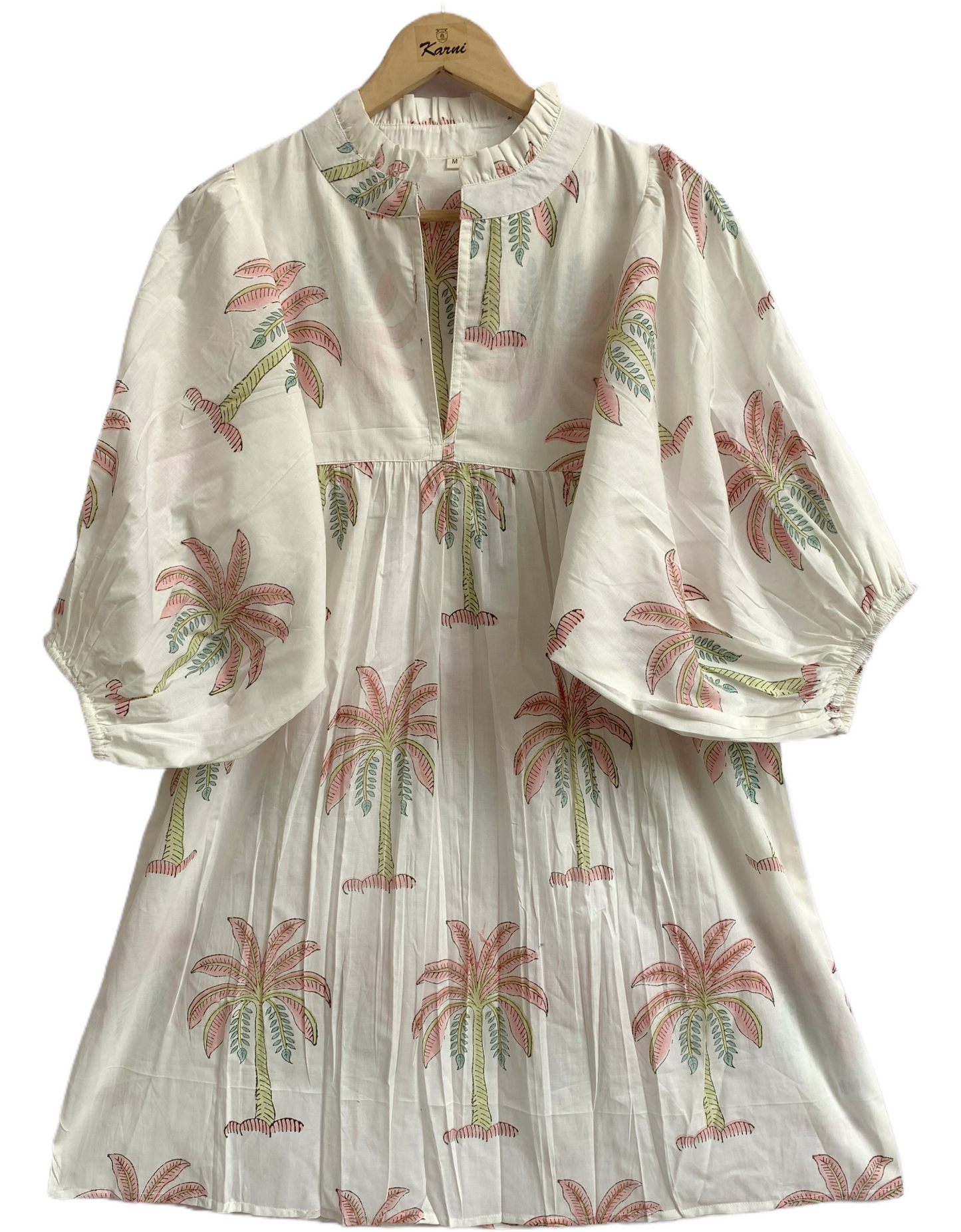 Ivory Palm Tree Hand Printed Cotton Mini Dress – Puff Sleeve Boho Summer Dress