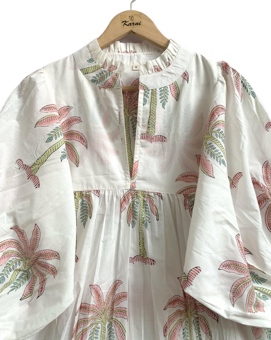Ivory Palm Tree Hand Printed Cotton Mini Dress – Puff Sleeve Boho Summer Dress