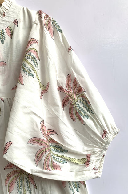 Ivory Palm Tree Hand Printed Cotton Mini Dress – Puff Sleeve Boho Summer Dress