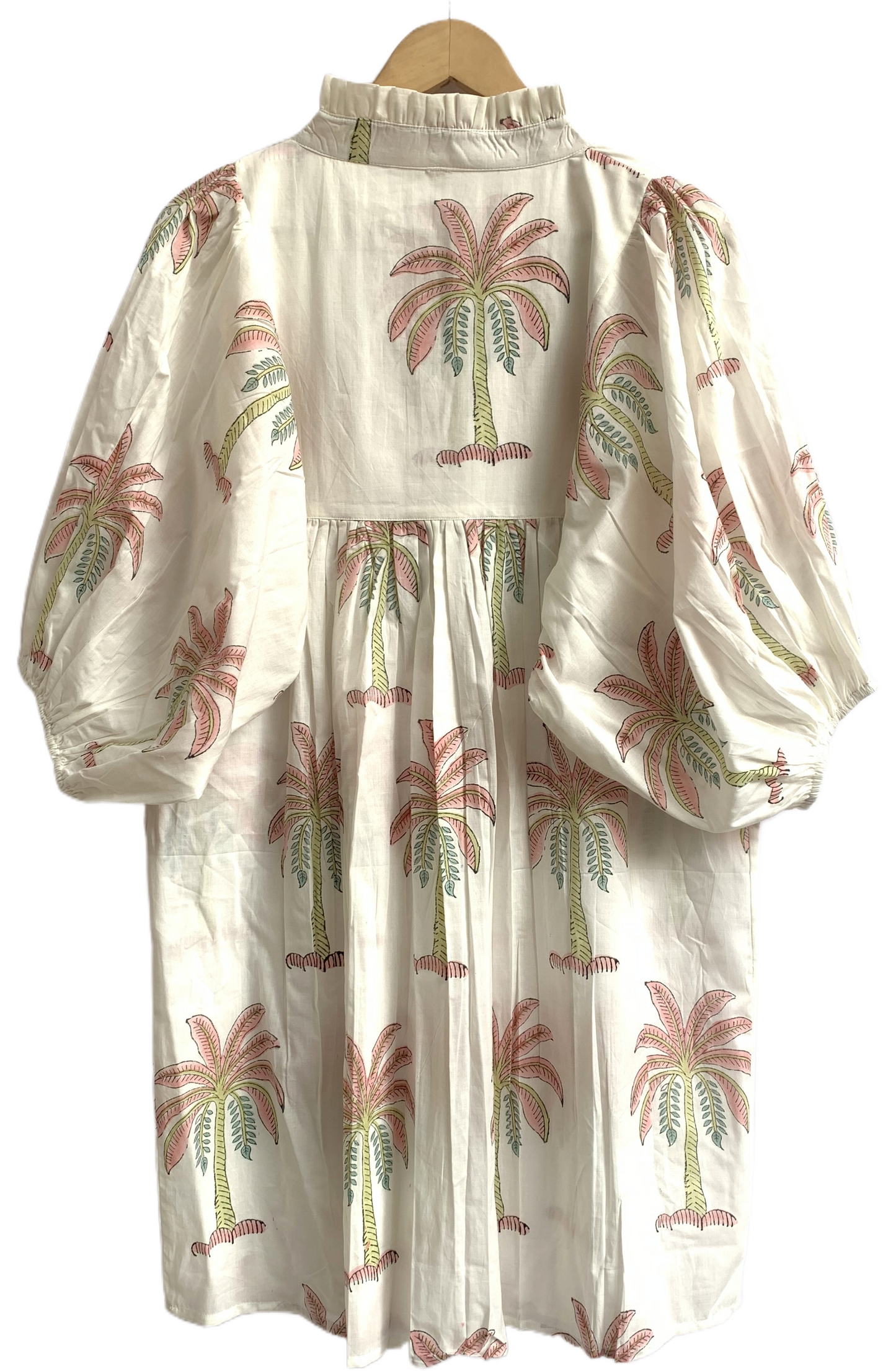 Ivory Palm Tree Hand Printed Cotton Mini Dress – Puff Sleeve Boho Summer Dress