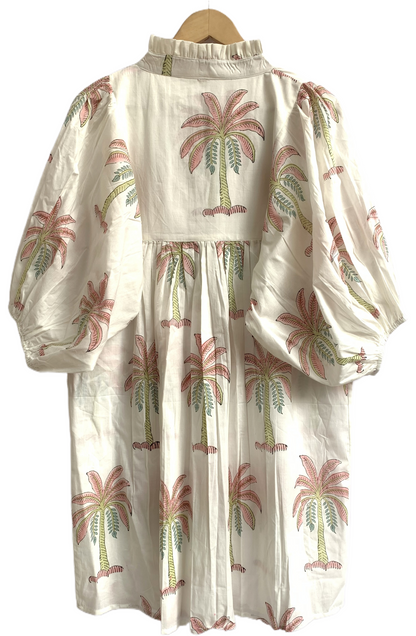 Ivory Palm Tree Hand Printed Cotton Mini Dress – Puff Sleeve Boho Summer Dress