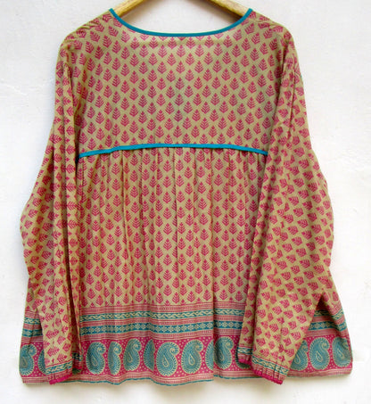 indian screen print blouse with blue paisley motifs and long sleeves