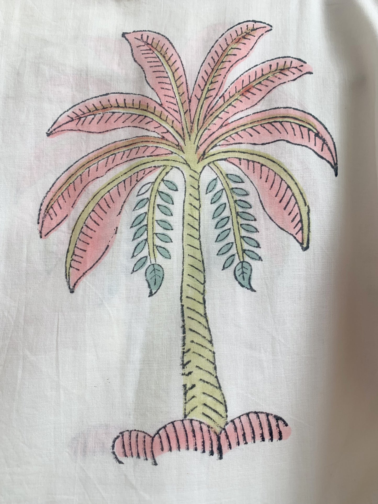 Ivory Palm Tree Hand Printed Cotton Mini Dress – Puff Sleeve Boho Summer Dress