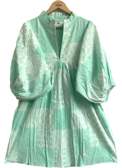 Mint Green Geometric Screen Printed Cotton Dress – Puff Sleeve Boho Tiered Midi Dress