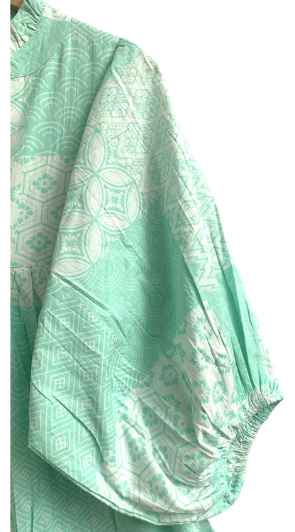 Mint Green Geometric Screen Printed Cotton Dress – Puff Sleeve Boho Tiered Midi Dress