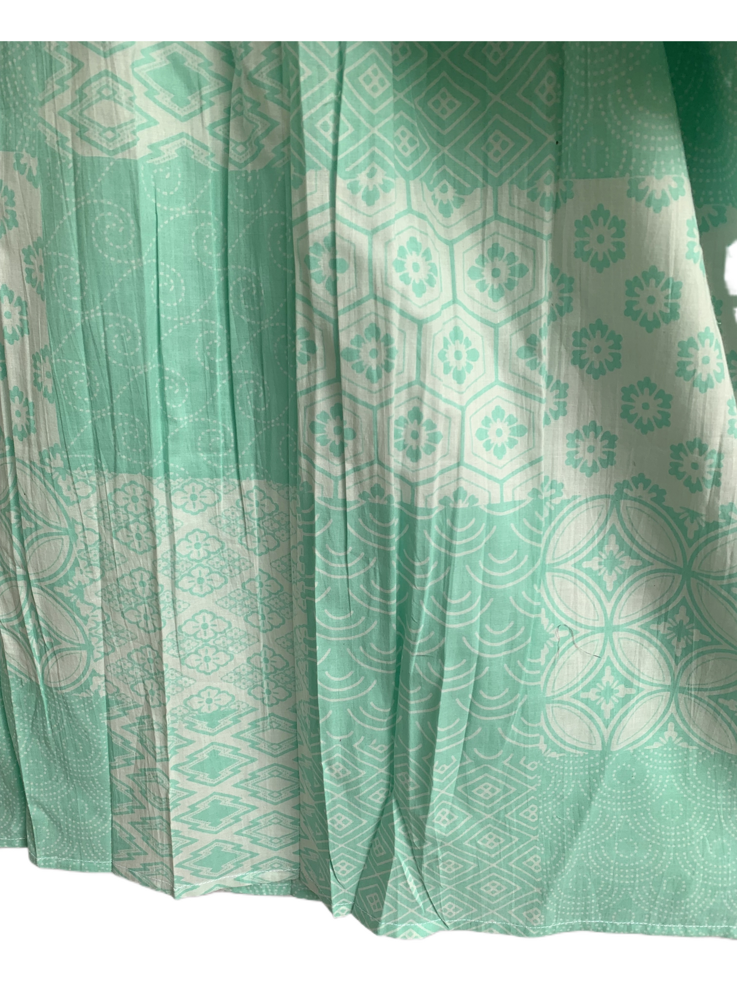 Mint Green Geometric Screen Printed Cotton Dress – Puff Sleeve Boho Tiered Midi Dress
