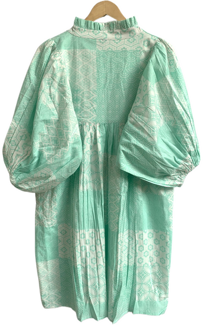 Mint Green Geometric Screen Printed Cotton Dress – Puff Sleeve Boho Tiered Midi Dress
