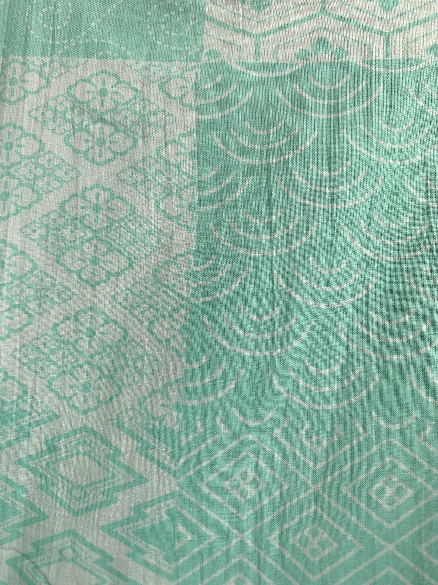 Mint Green Geometric Screen Printed Cotton Dress – Puff Sleeve Boho Tiered Midi Dress