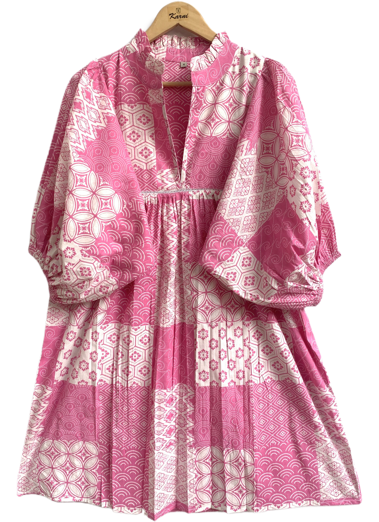 Pink Geometric Patchwork Screen Printed Cotton Dress – Puff Sleeve Boho Tiered Midi Dress
