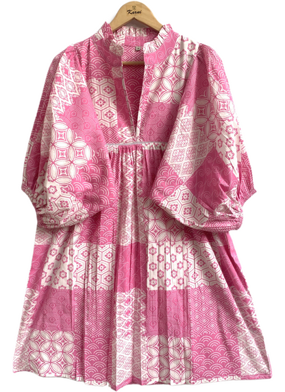 Pink Geometric Patchwork Screen Printed Cotton Dress – Puff Sleeve Boho Tiered Midi Dress