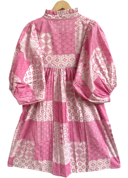 Pink Geometric Patchwork Screen Printed Cotton Dress – Puff Sleeve Boho Tiered Midi Dress