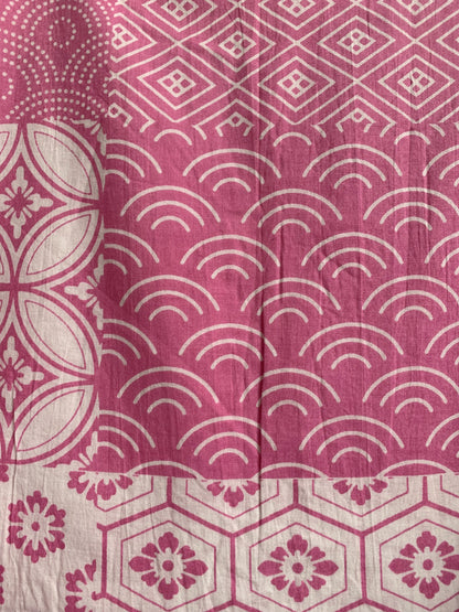 Pink Geometric Patchwork Screen Printed Cotton Dress – Puff Sleeve Boho Tiered Midi Dress
