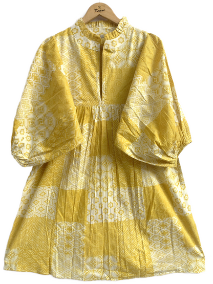 Yellow Floral Geometric Patchwork Screen Printed Cotton Dress – Puff Sleeve Boho Tiered Midi Dress