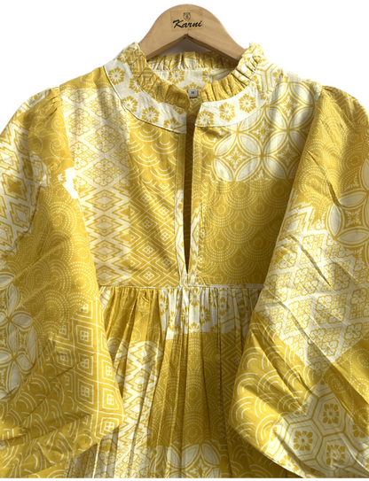 Yellow Floral Geometric Patchwork Screen Printed Cotton Dress – Puff Sleeve Boho Tiered Midi Dress