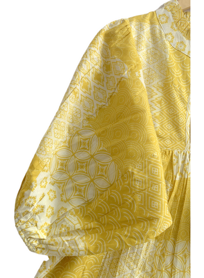 Yellow Floral Geometric Patchwork Screen Printed Cotton Dress – Puff Sleeve Boho Tiered Midi Dress