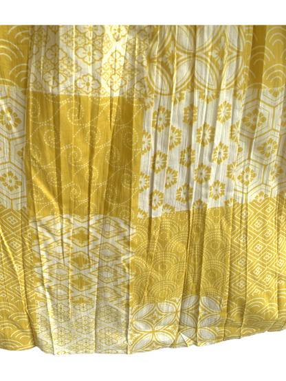 Yellow Floral Geometric Patchwork Screen Printed Cotton Dress – Puff Sleeve Boho Tiered Midi Dress