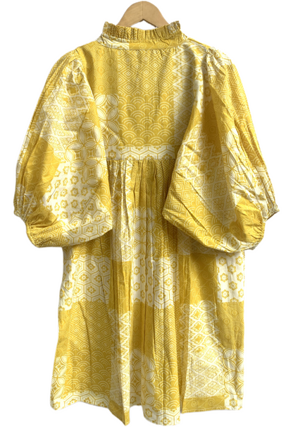 Yellow Floral Geometric Patchwork Screen Printed Cotton Dress – Puff Sleeve Boho Tiered Midi Dress