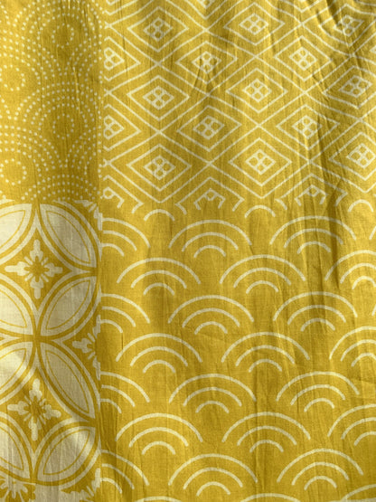 Yellow Floral Geometric Patchwork Screen Printed Cotton Dress – Puff Sleeve Boho Tiered Midi Dress
