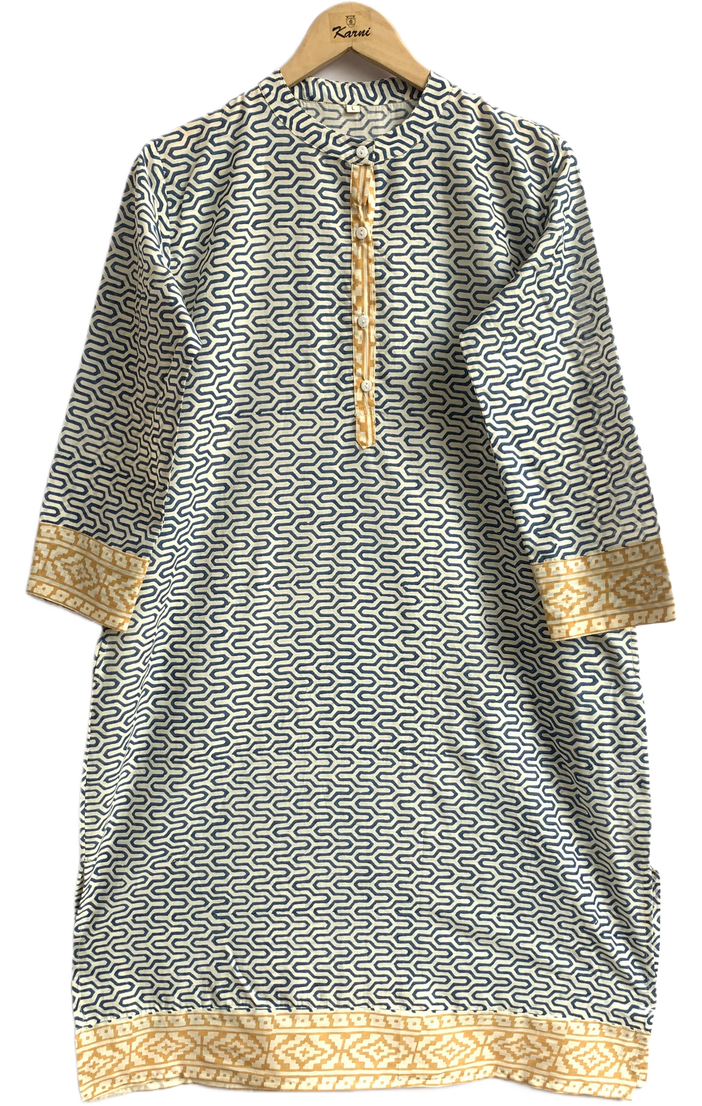 Indigo Geometric Hand Block Printed Cotton Kurta – Women’s Indian Tunic Dress