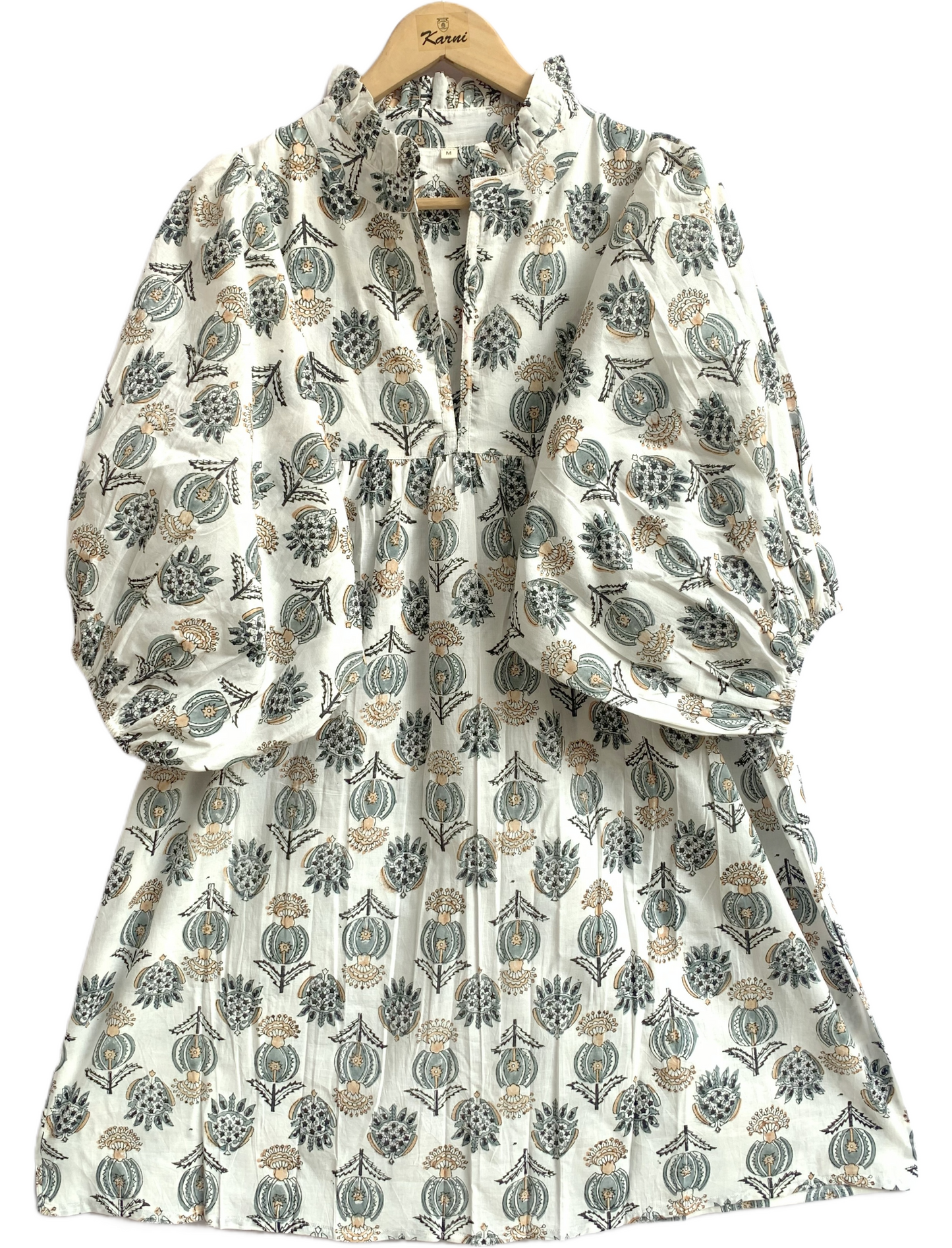 Ivory Grey Floral Hand Block Print Cotton Midi Dress – Puff Sleeve Boho Summer Dress
