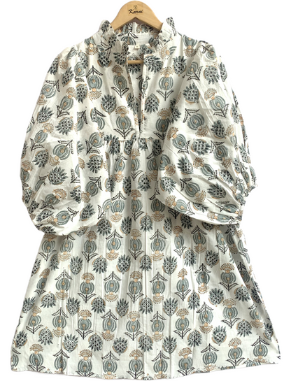 Ivory Grey Floral Hand Block Print Cotton Midi Dress – Puff Sleeve Boho Summer Dress