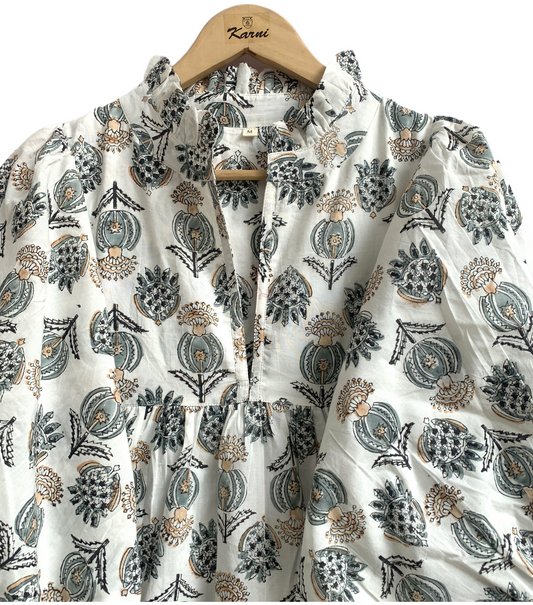 Ivory Grey Floral Hand Block Print Cotton Midi Dress – Puff Sleeve Boho Summer Dress