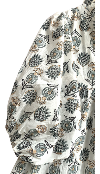 Ivory Grey Floral Hand Block Print Cotton Midi Dress – Puff Sleeve Boho Summer Dress