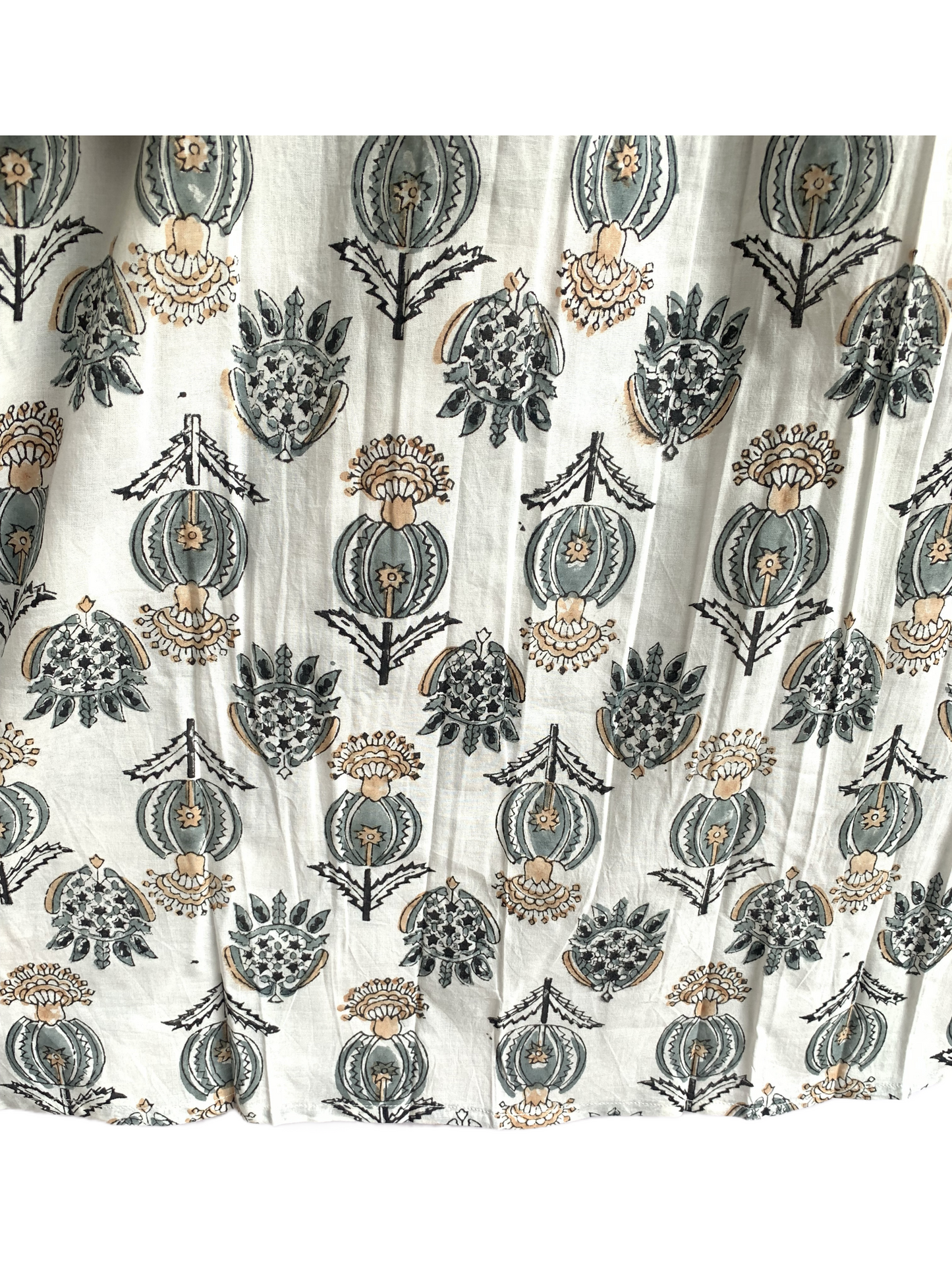 Ivory Grey Floral Hand Block Print Cotton Midi Dress – Puff Sleeve Boho Summer Dress