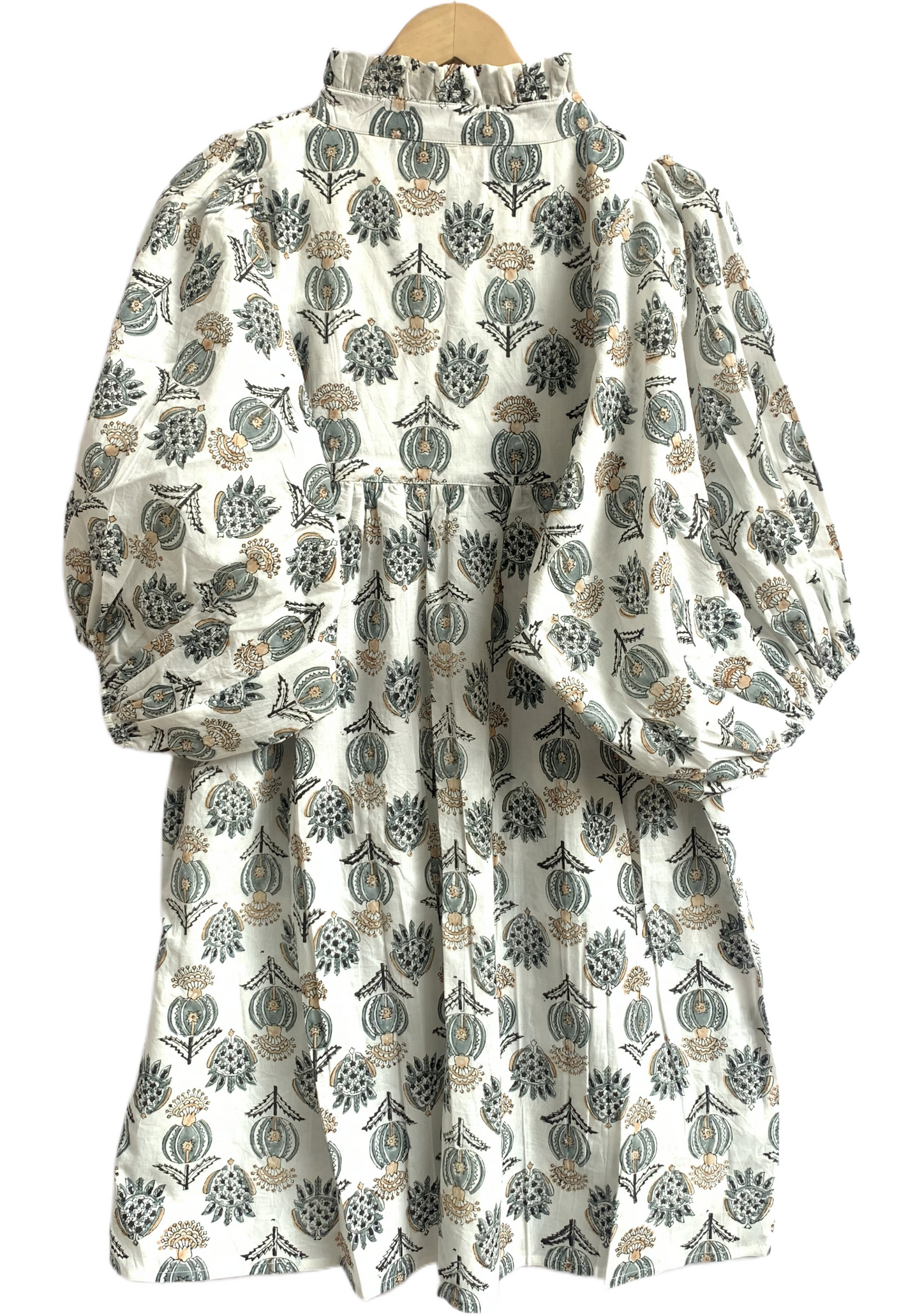 Ivory Grey Floral Hand Block Print Cotton Midi Dress – Puff Sleeve Boho Summer Dress