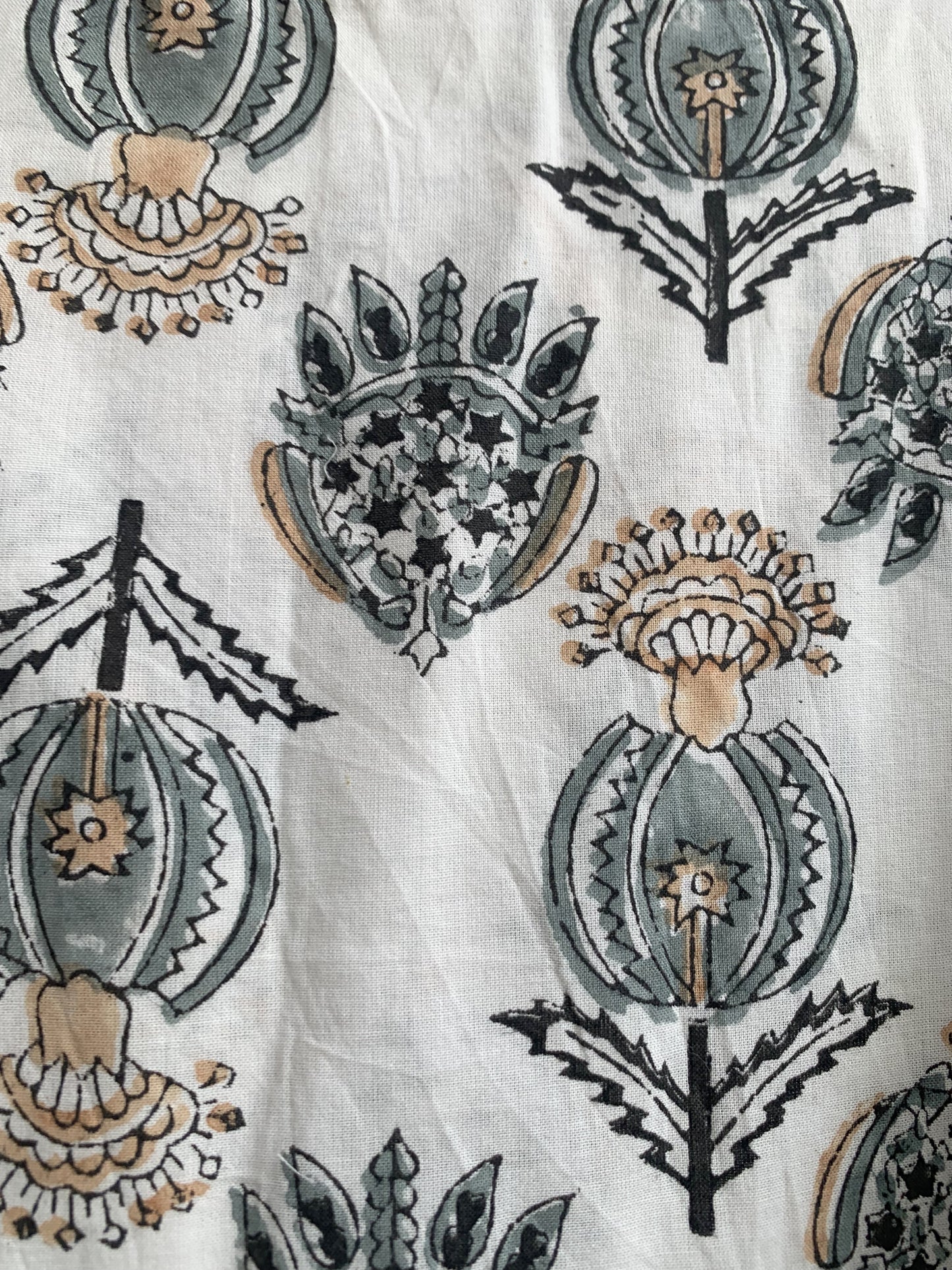 Ivory Grey Floral Hand Block Print Cotton Midi Dress – Puff Sleeve Boho Summer Dress