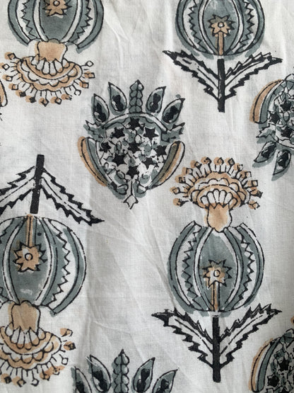 Ivory Grey Floral Hand Block Print Cotton Midi Dress – Puff Sleeve Boho Summer Dress