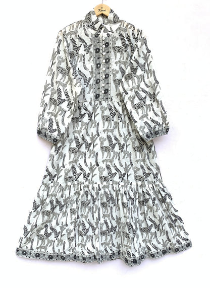 Grey Animal Print Hand Block Printed Cotton Maxi Dress – Bohemian Long Dress