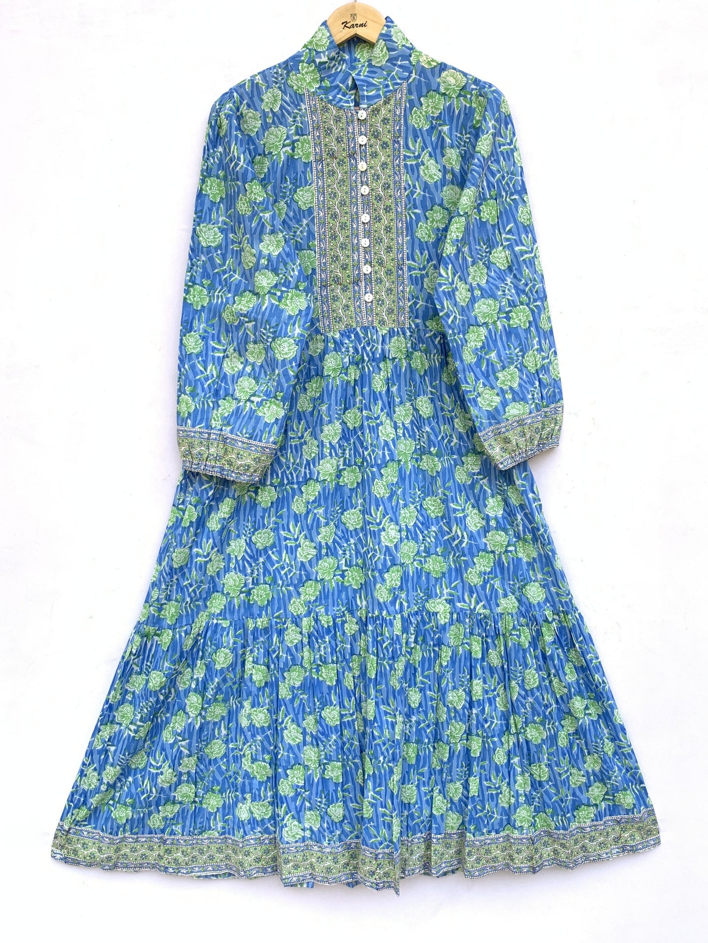 Blue Floral Hand Block Printed Cotton Maxi Dress – Long Sleeve Bohemian Dress