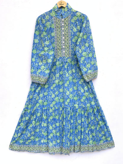 Blue Floral Hand Block Printed Cotton Maxi Dress – Long Sleeve Bohemian Dress
