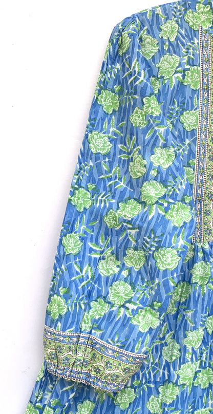 Blue Floral Hand Block Printed Cotton Maxi Dress – Long Sleeve Bohemian Dress