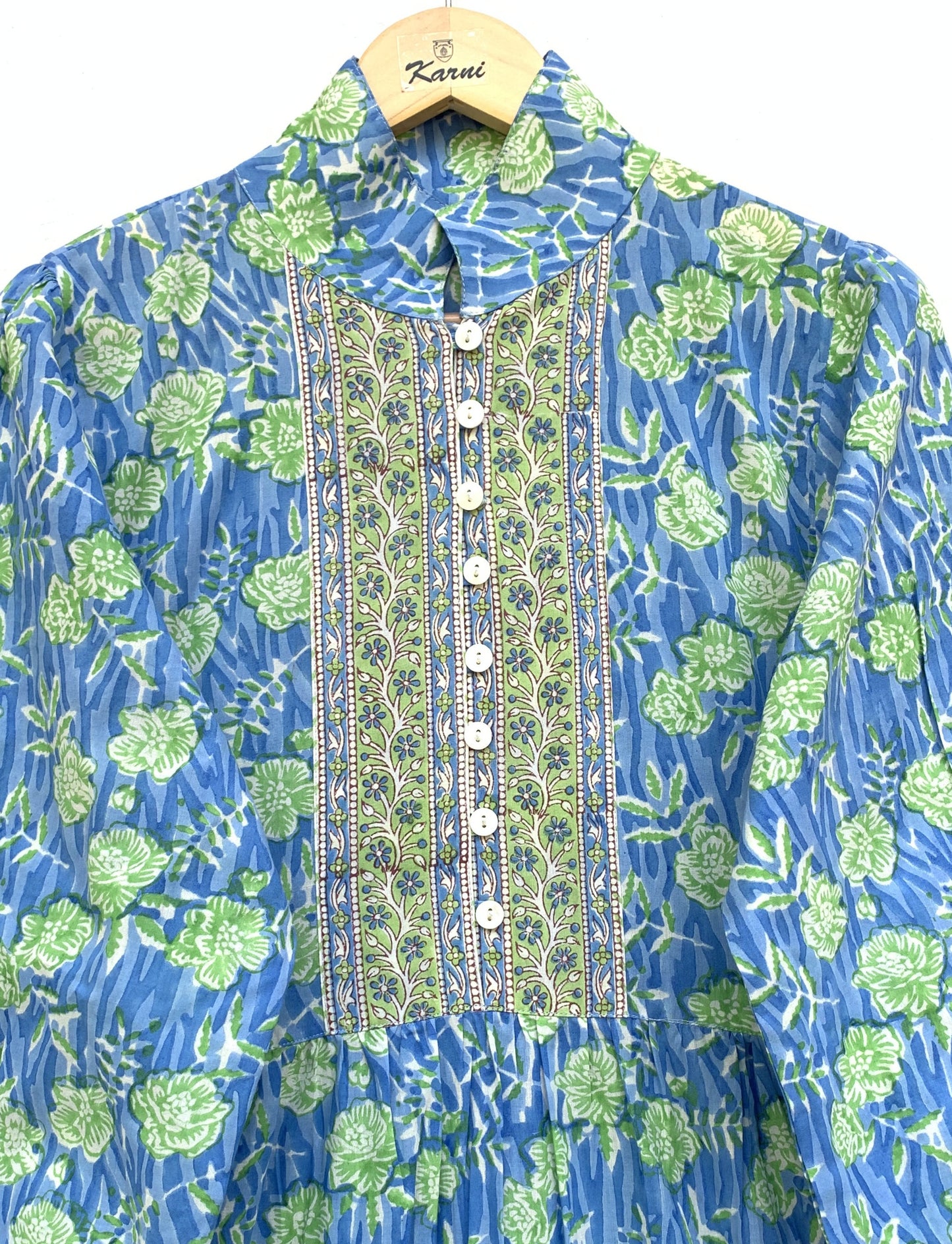 Blue Floral Hand Block Printed Cotton Maxi Dress – Long Sleeve Bohemian Dress