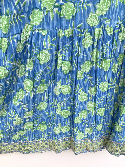 Blue Floral Hand Block Printed Cotton Maxi Dress – Long Sleeve Bohemian Dress