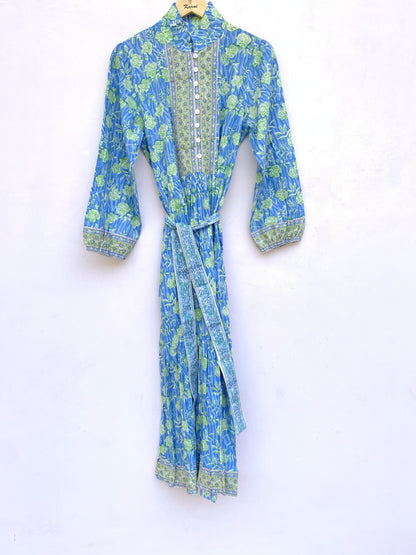 Blue Floral Hand Block Printed Cotton Maxi Dress – Long Sleeve Bohemian Dress