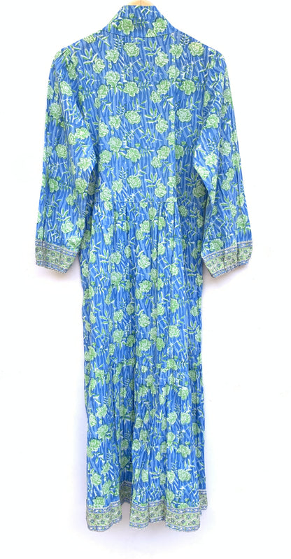 Blue Floral Hand Block Printed Cotton Maxi Dress – Long Sleeve Bohemian Dress