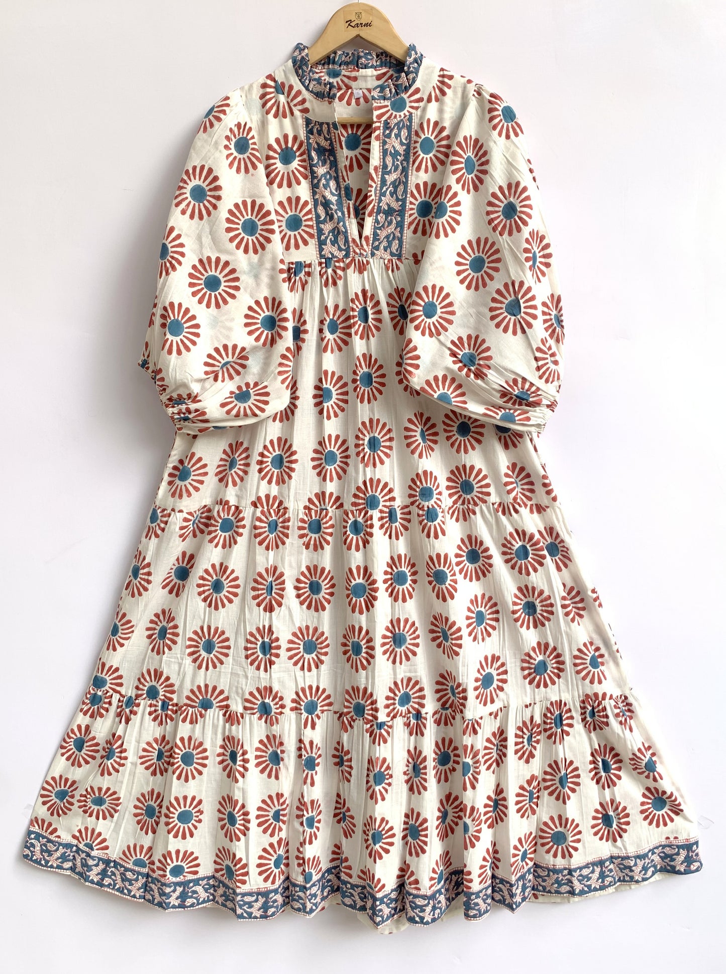 Rust Floral Hand Block Printed Cotton Dress – Puff Sleeve Boho Tiered Summer Dress