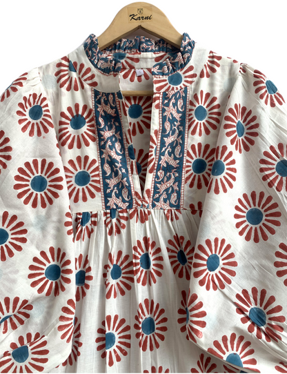Rust Floral Hand Block Printed Cotton Dress – Puff Sleeve Boho Tiered Summer Dress