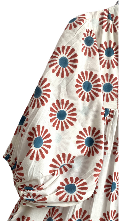 Rust Floral Hand Block Printed Cotton Dress – Puff Sleeve Boho Tiered Summer Dress
